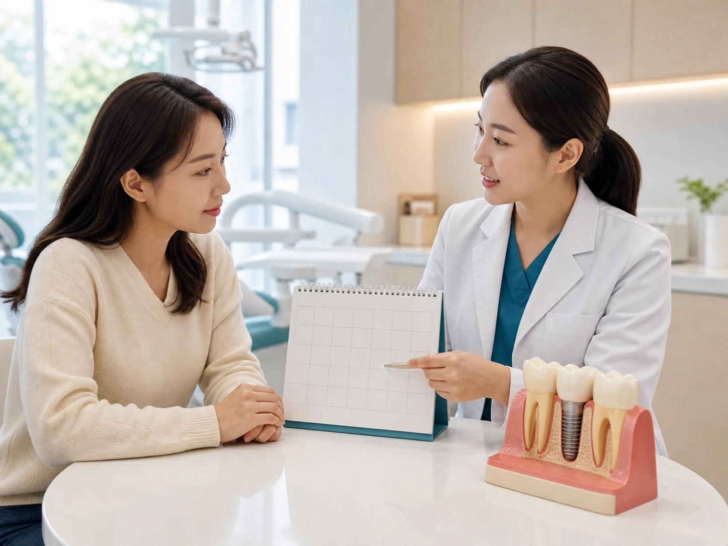 어금니 치료 시기를 상담하는 한국인 환자와 의료진